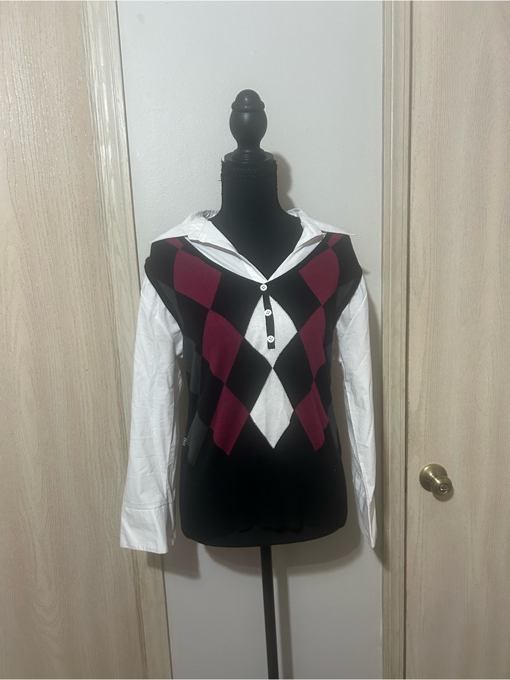 Women's Argyle Layered Pullover Blouse in Black and Burgundy